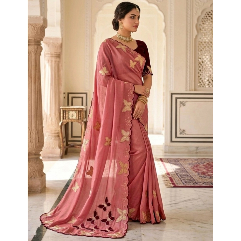 Generic Women's Star Georgette Embellished Saree With Unstitched Blouse 5.5Mtr (Dusty Coral-Maroon) - Image 3