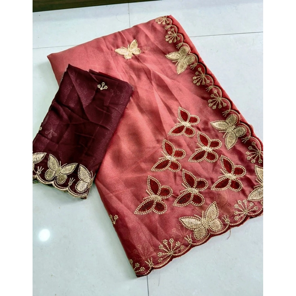 Generic Women's Star Georgette Embellished Saree With Unstitched Blouse 5.5Mtr (Dusty Coral-Maroon) - Image 4