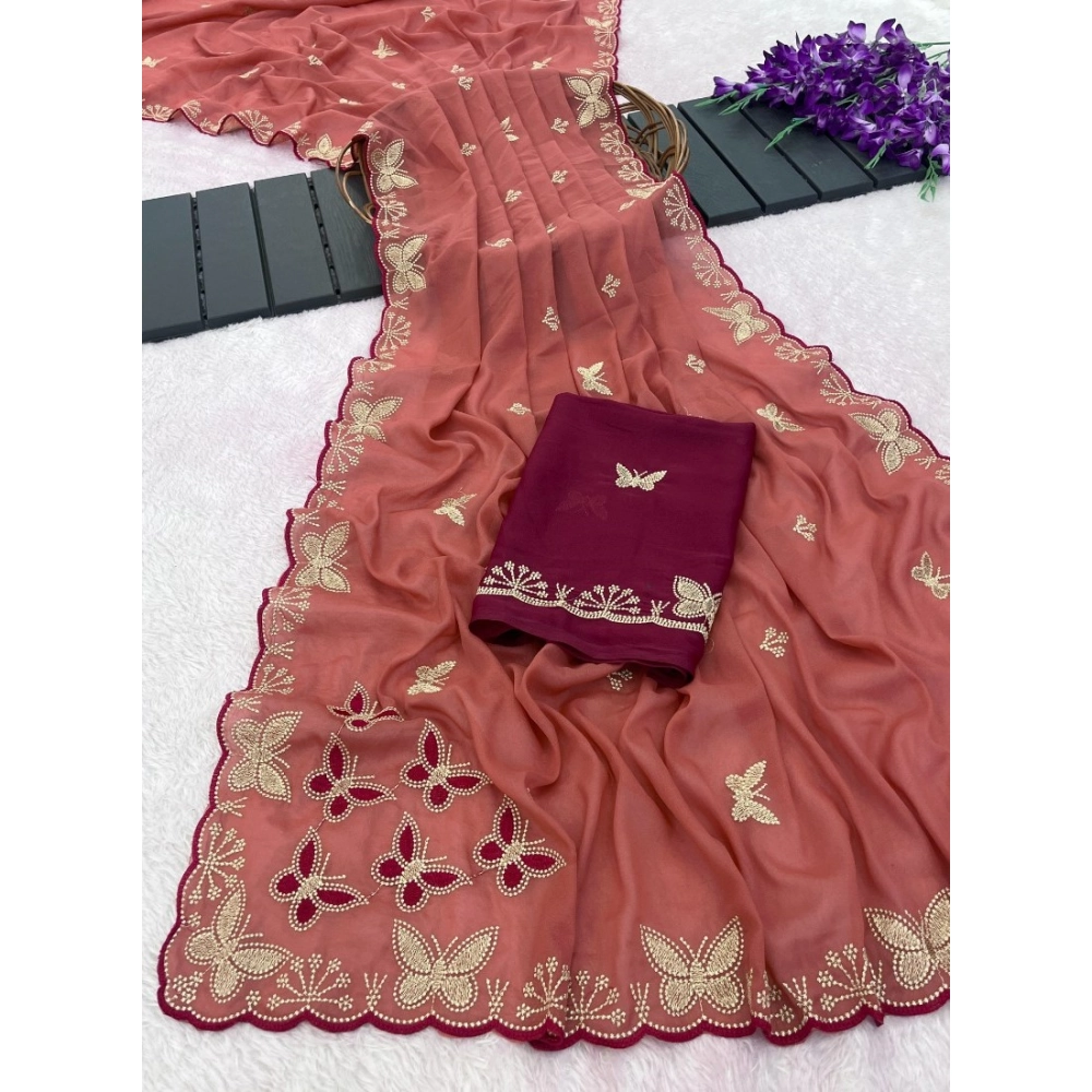 Generic Women's Star Georgette Embellished Saree With Unstitched Blouse 5.5Mtr (Dusty Coral-Maroon) - Image 5