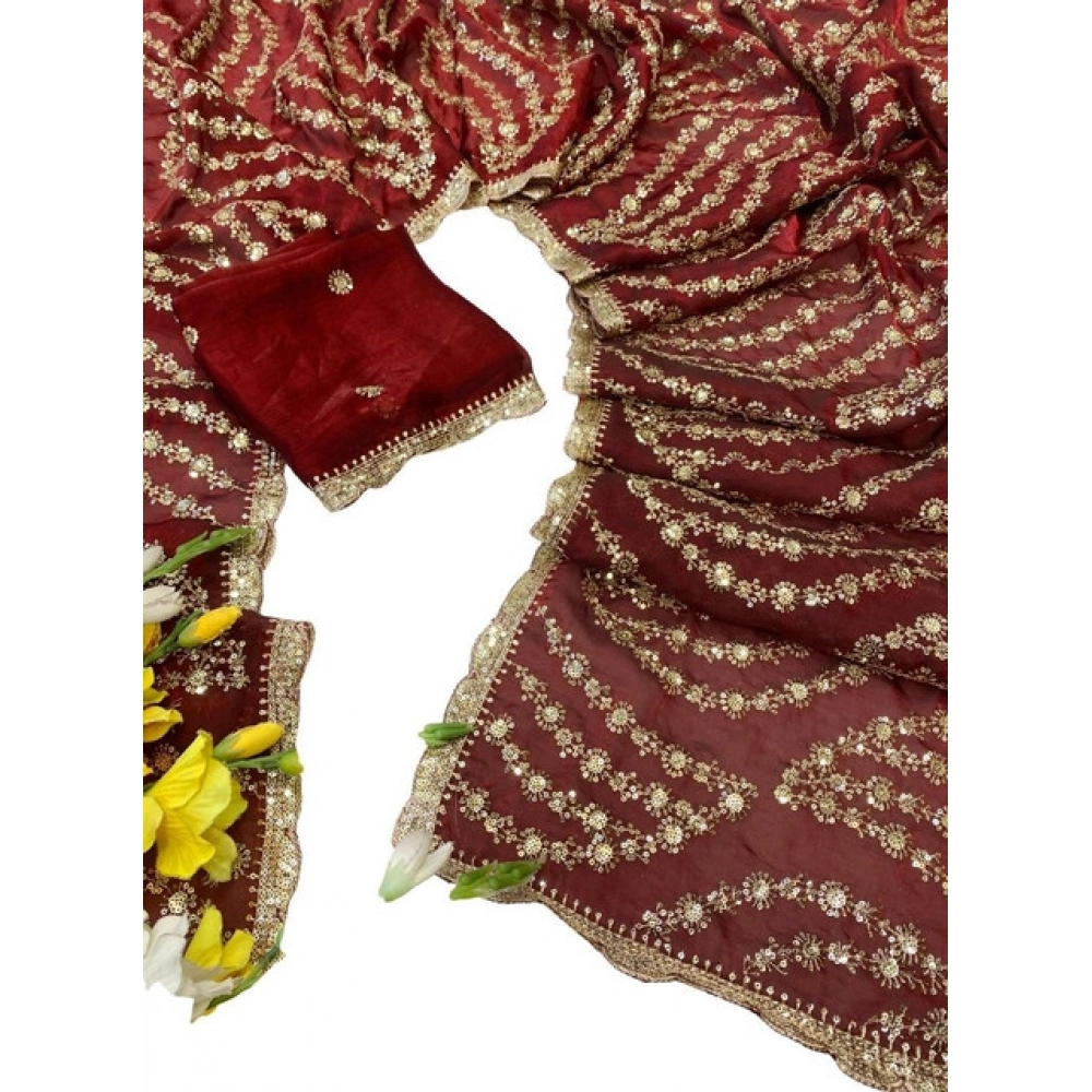 Generic Women's Satin Embellished Saree With Unstitched Blouse 5.5Mtr (Maroon) - Image 2