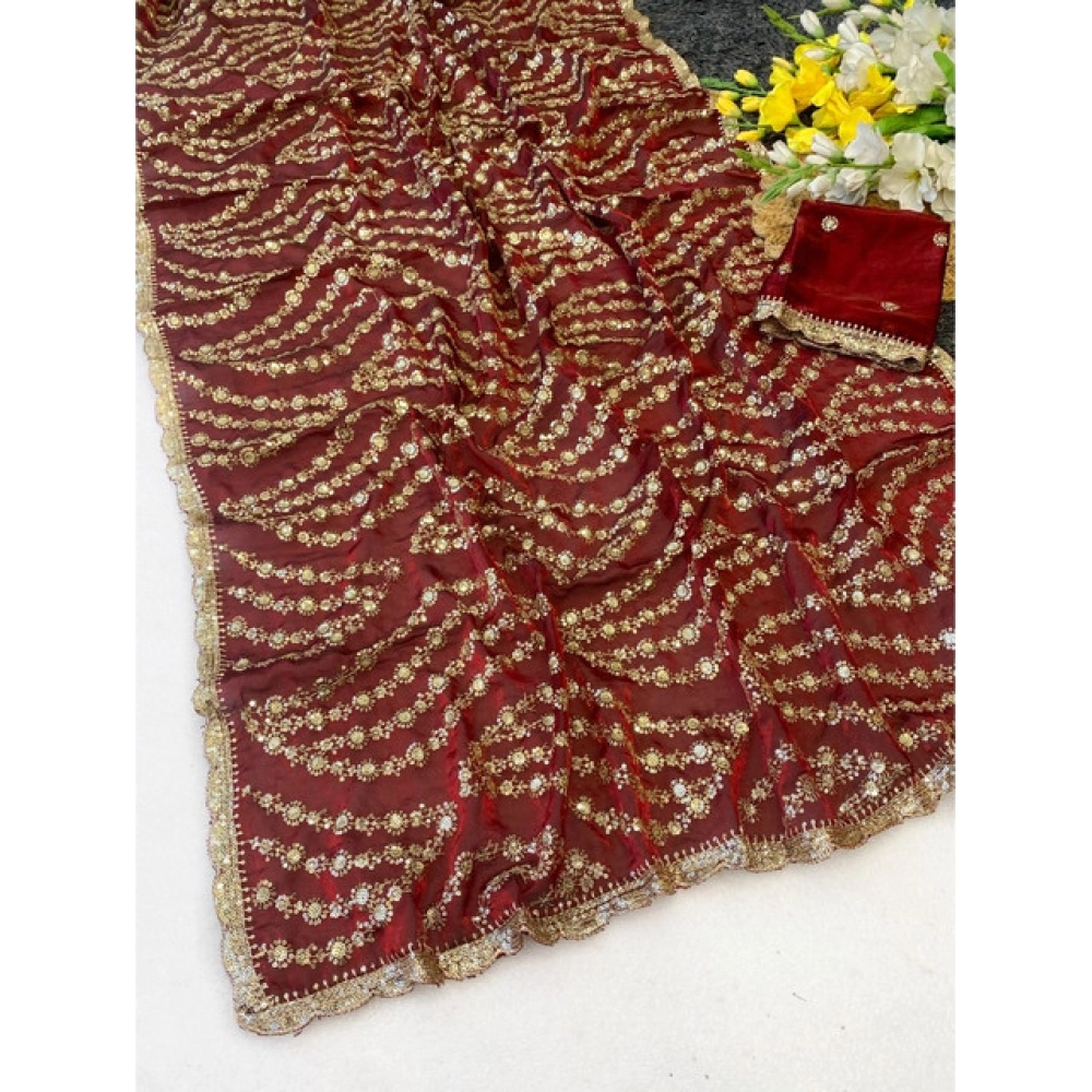 Generic Women's Satin Embellished Saree With Unstitched Blouse 5.5Mtr (Maroon) - Image 6