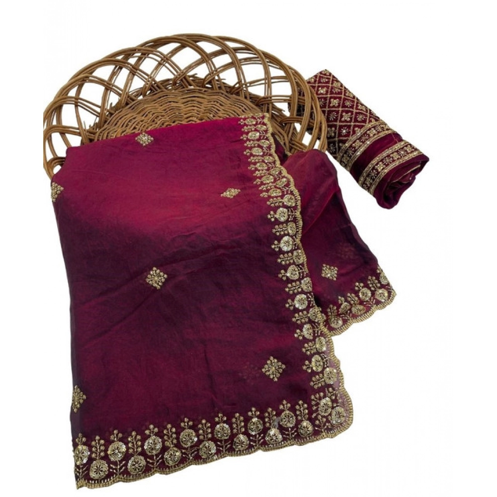Generic Women's Satin Embellished Saree With Unstitched Blouse 5.5Mtr (Maroon) - Image 2