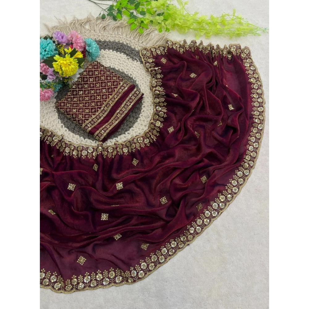 Generic Women's Satin Embellished Saree With Unstitched Blouse 5.5Mtr (Maroon) - Image 3