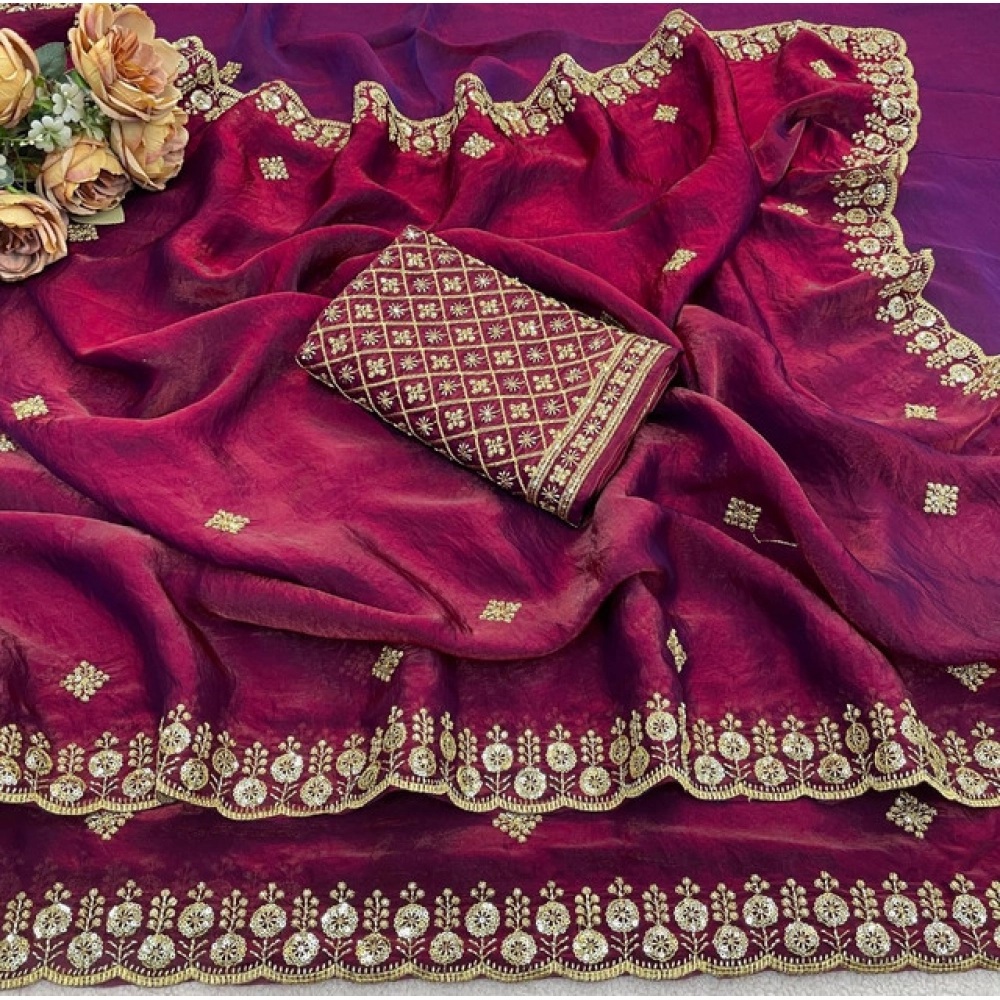 Generic Women's Satin Embellished Saree With Unstitched Blouse 5.5Mtr (Maroon) - Image 5