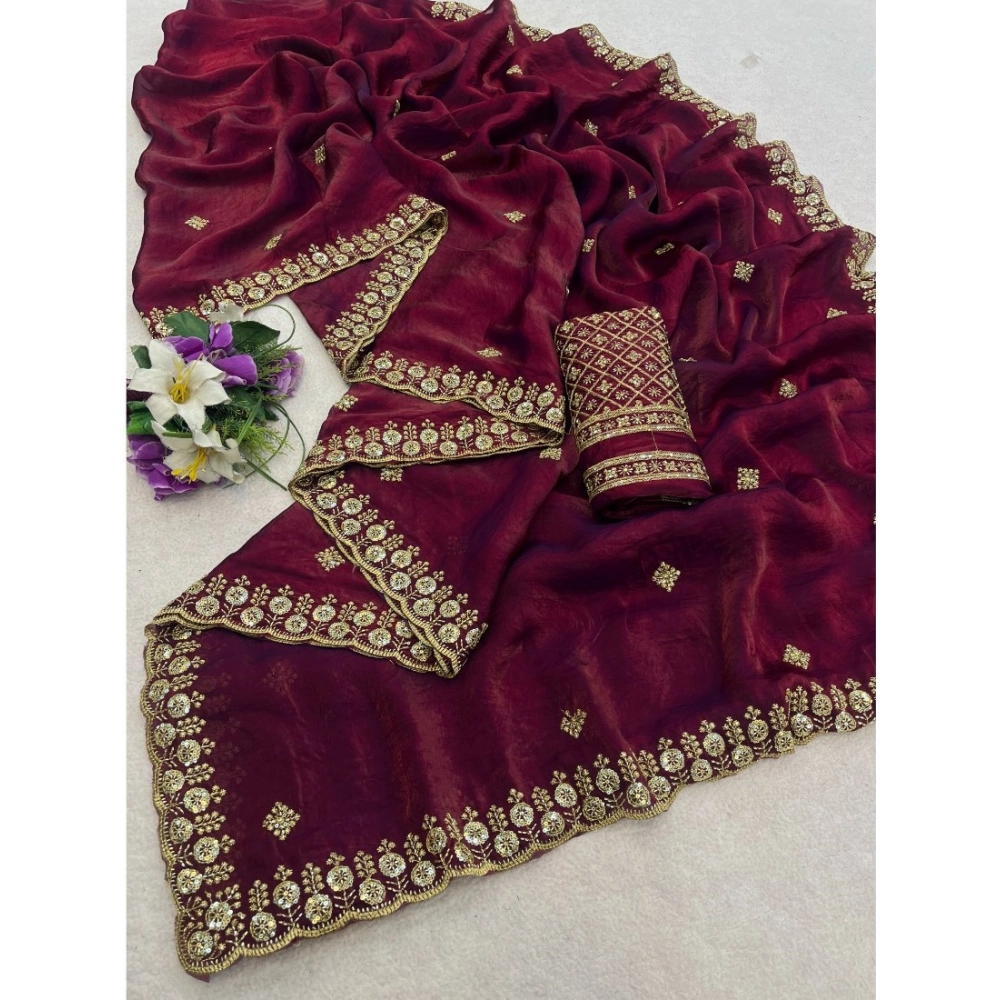 Generic Women's Satin Embellished Saree With Unstitched Blouse 5.5Mtr (Maroon) - Image 6