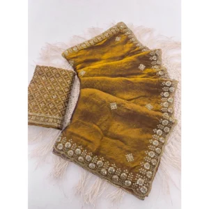 Generic Women's Satin Embellished Saree With Unstitched Blouse 5.5Mtr (Mustard)