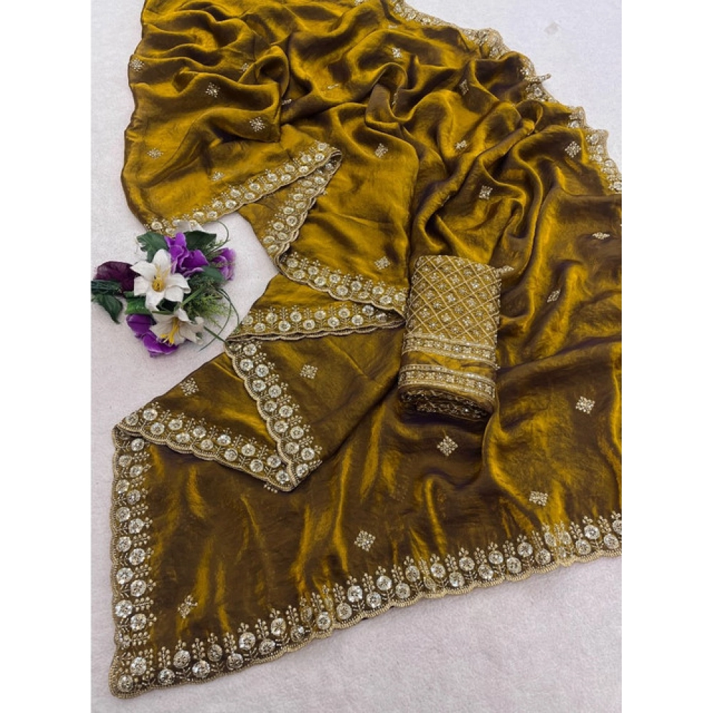 Generic Women's Satin Embellished Saree With Unstitched Blouse 5.5Mtr (Mustard) - Image 3