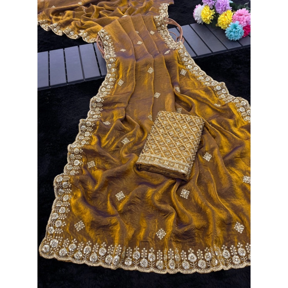 Generic Women's Satin Embellished Saree With Unstitched Blouse 5.5Mtr (Mustard) - Image 5