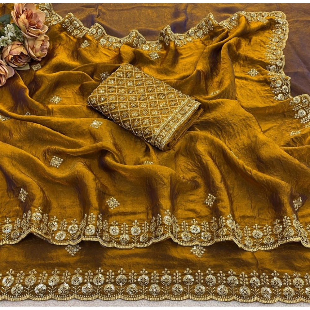 Generic Women's Satin Embellished Saree With Unstitched Blouse 5.5Mtr (Mustard) - Image 6