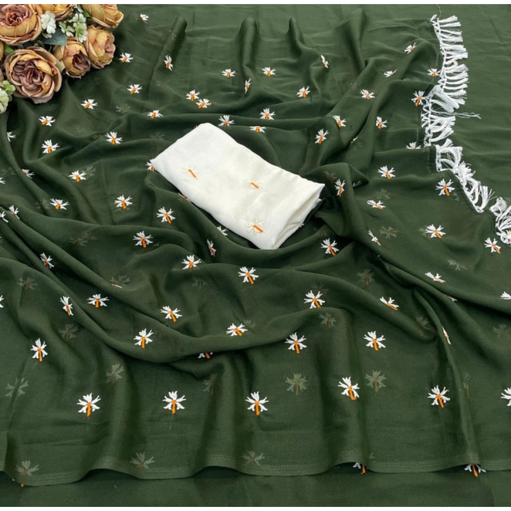 Generic Women's Georgette Embellished Saree With Unstitched Blouse 5.5Mtr (Green) - Image 3