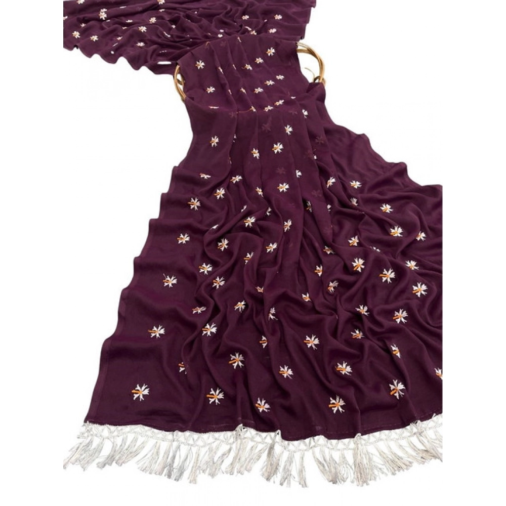Generic Women's Georgette Embellished Saree With Unstitched Blouse 5.5Mtr (Wine) - Image 2