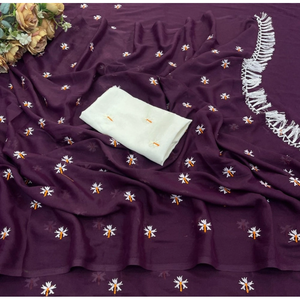Generic Women's Georgette Embellished Saree With Unstitched Blouse 5.5Mtr (Wine) - Image 3