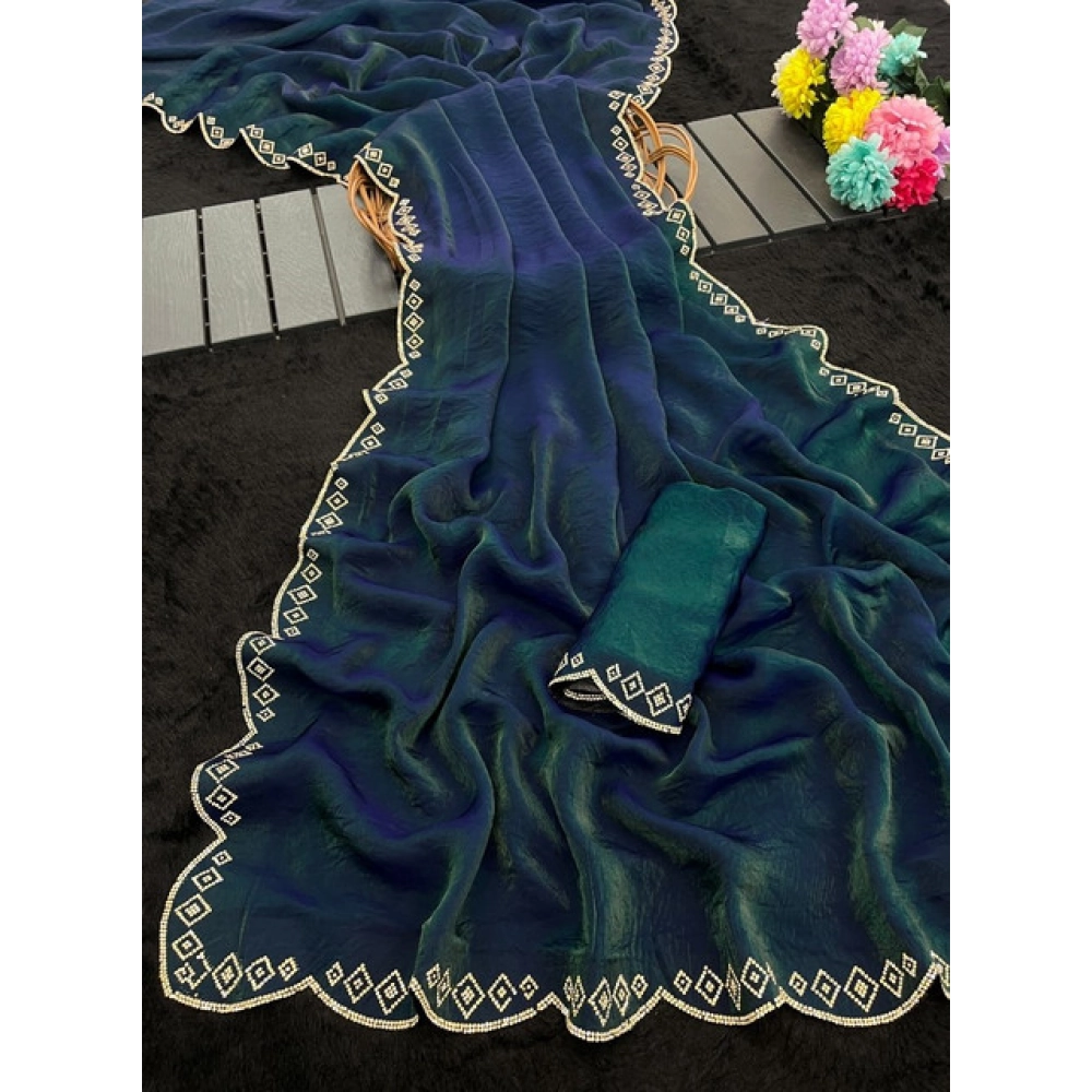 Generic Women's Satin Embellished Saree With Unstitched Blouse 5.5Mtr (Bottle Green) - Image 3