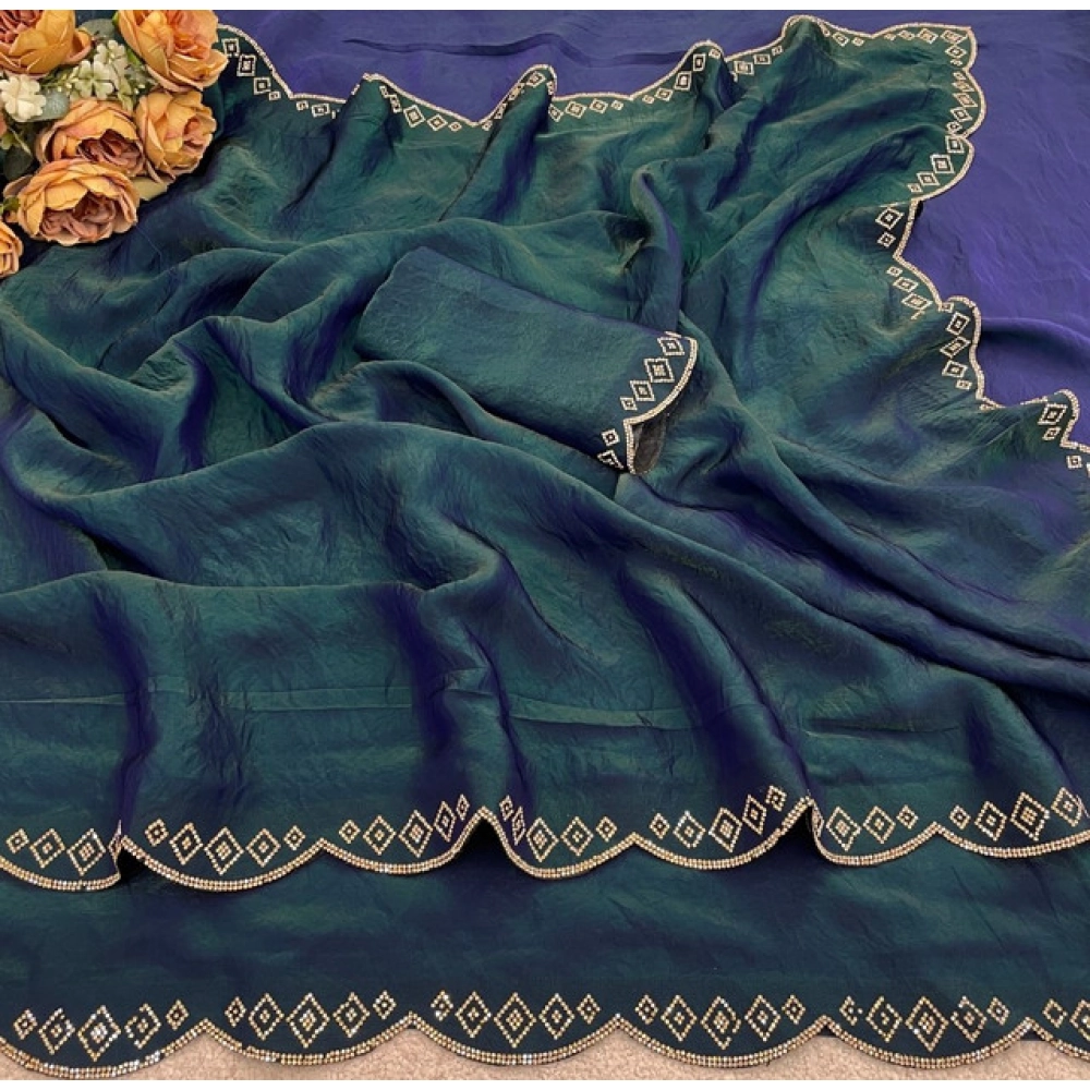 Generic Women's Satin Embellished Saree With Unstitched Blouse 5.5Mtr (Bottle Green) - Image 4