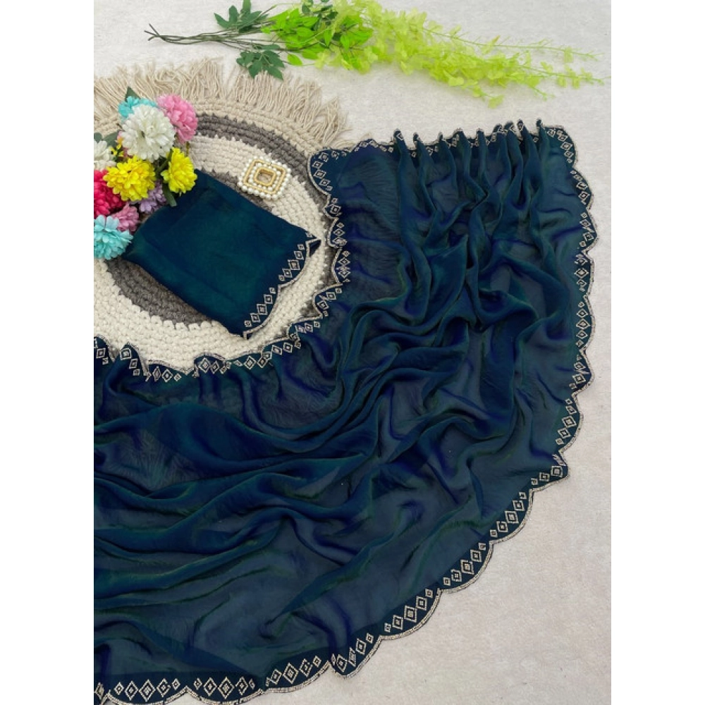 Generic Women's Satin Embellished Saree With Unstitched Blouse 5.5Mtr (Bottle Green) - Image 5
