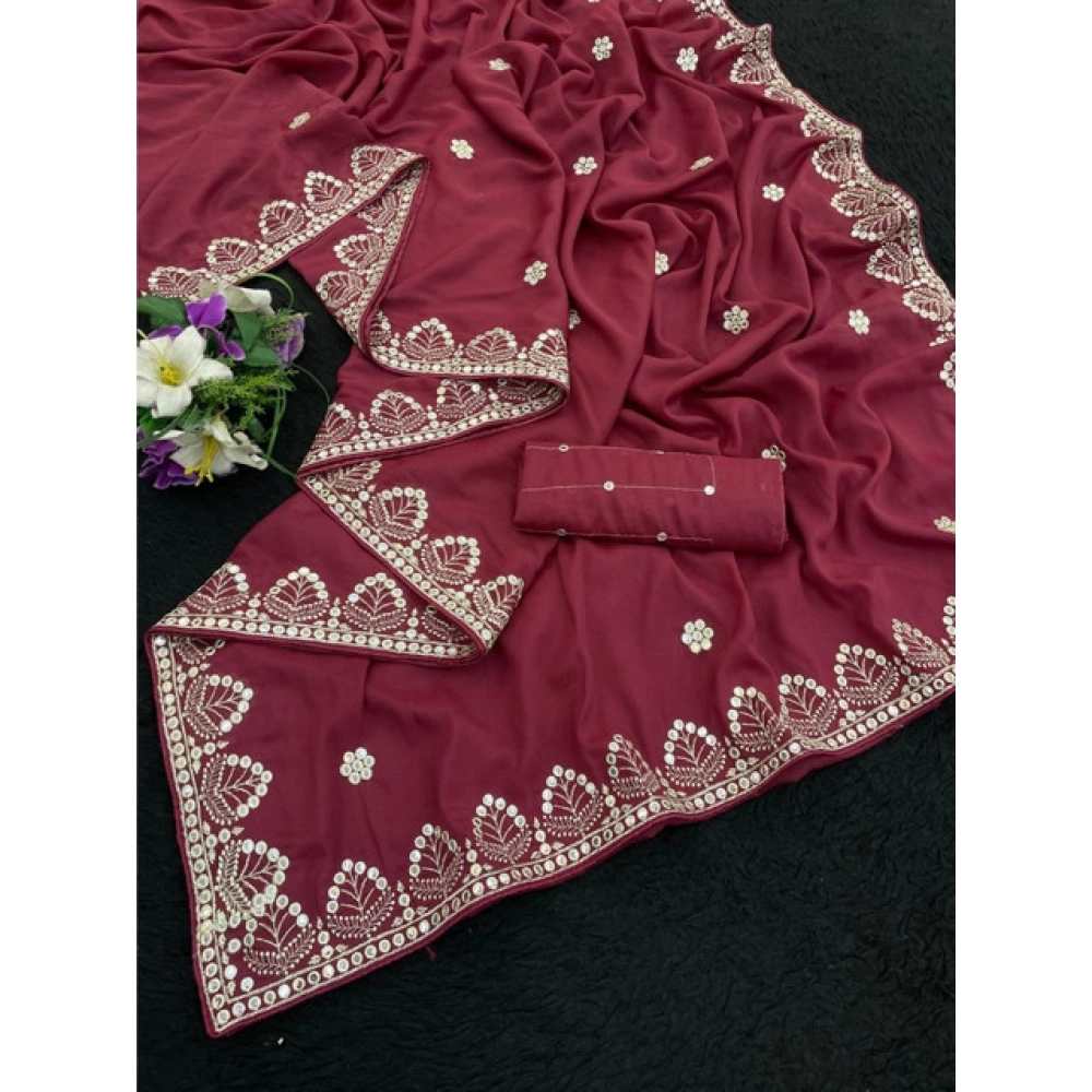 Generic Women's Georgette Embellished Saree With Unstitched Blouse 5.5Mtr (Maroon) - Image 3