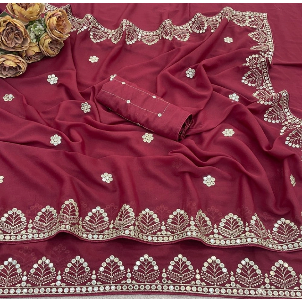 Generic Women's Georgette Embellished Saree With Unstitched Blouse 5.5Mtr (Maroon) - Image 4