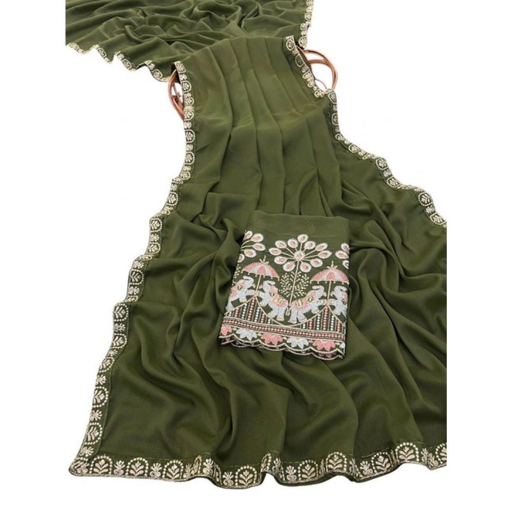 Generic Women's Art Silk Embroidered Saree With Unstitched Blouse 5.5Mtr (Green) - Image 2