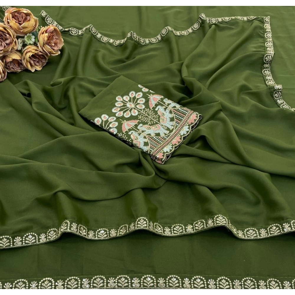 Generic Women's Art Silk Embroidered Saree With Unstitched Blouse 5.5Mtr (Green) - Image 3