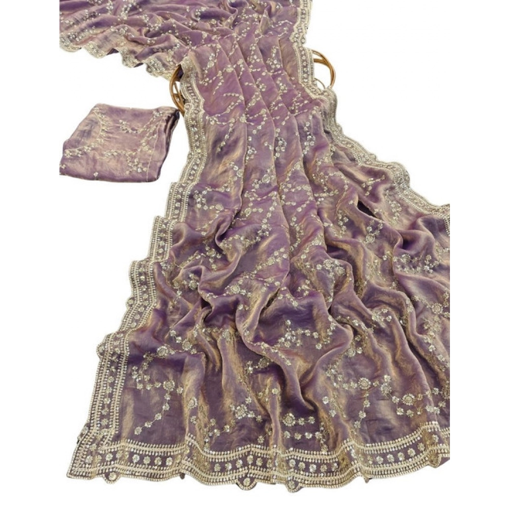 Generic Women's Silk Embellished Saree With Unstitched Blouse 5.5Mtr (Lavender) - Image 2