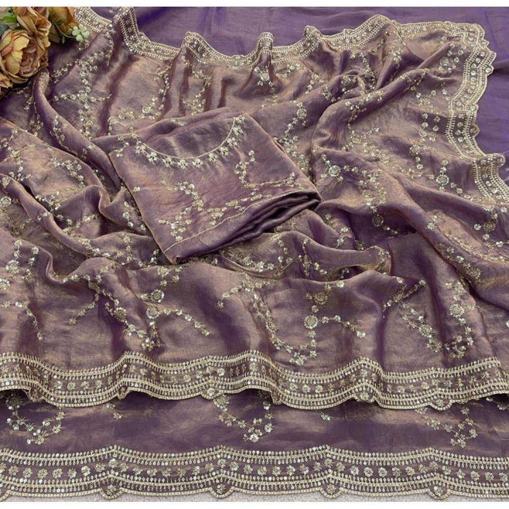 Generic Women's Silk Embellished Saree With Unstitched Blouse 5.5Mtr (Lavender) - Image 3