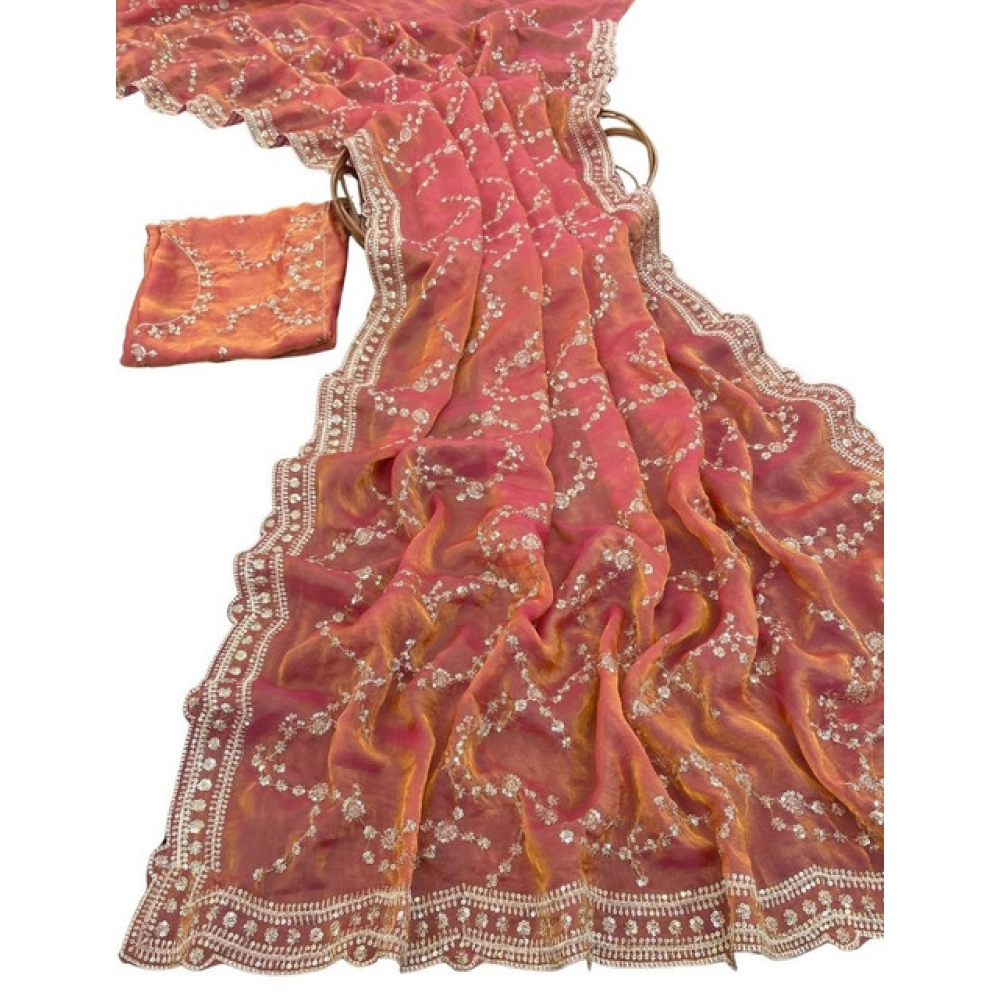 Generic Women's Silk Embellished Saree With Unstitched Blouse 5.5Mtr (Orange) - Image 2