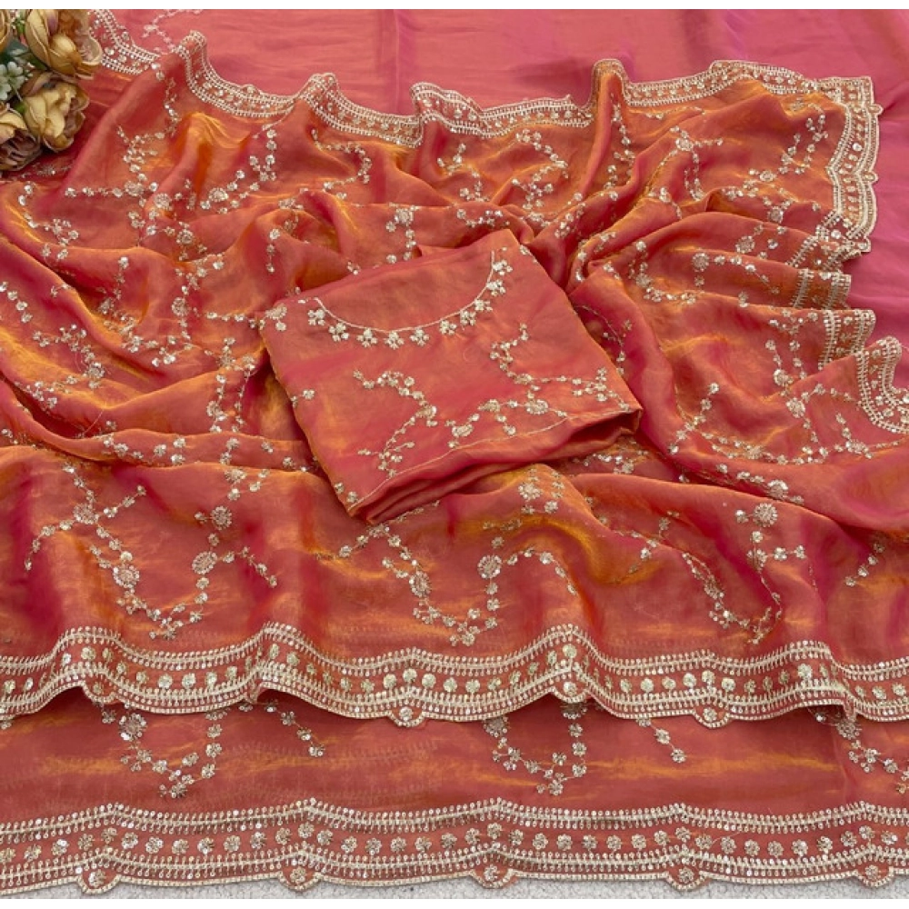 Generic Women's Silk Embellished Saree With Unstitched Blouse 5.5Mtr (Orange) - Image 3