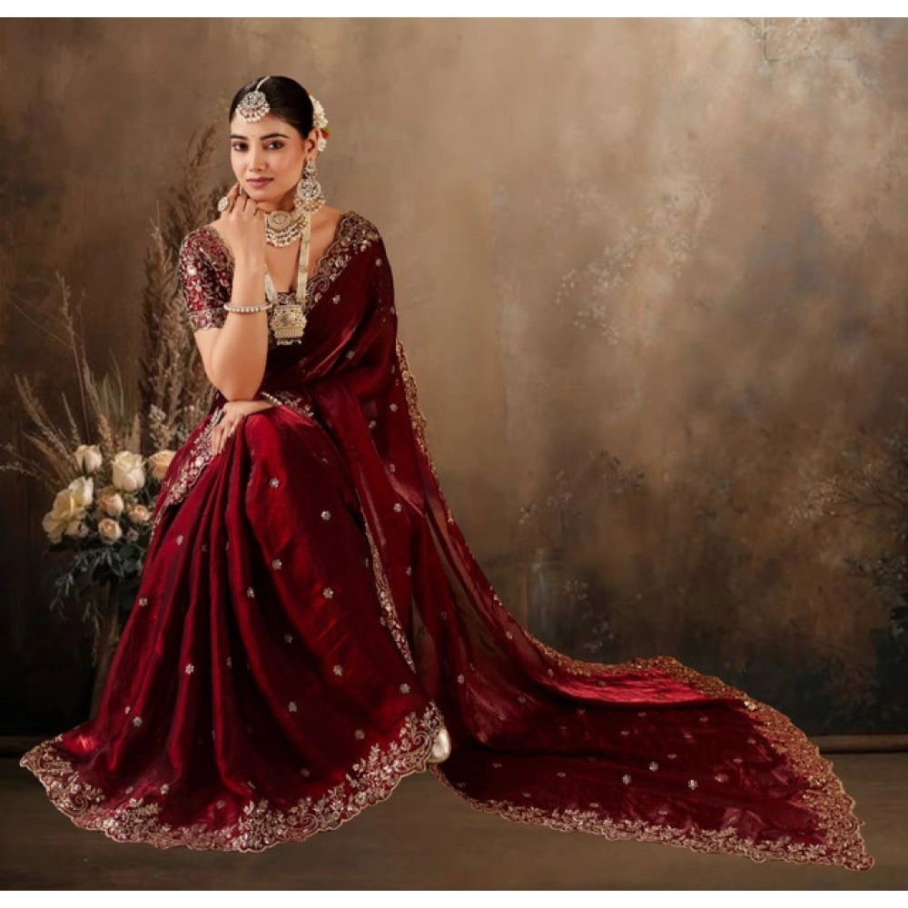 Generic Women's Silk Embroidered Saree With Unstitched Blouse 5.5Mtr (Maroon) - Image 5