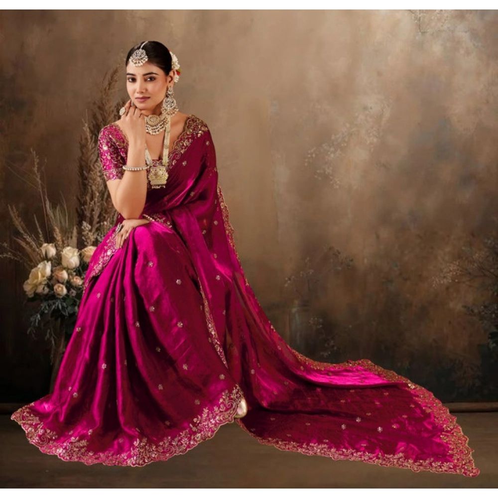 Generic Women's Silk Embroidered Saree With Unstitched Blouse 5.5Mtr (Pink) - Image 5