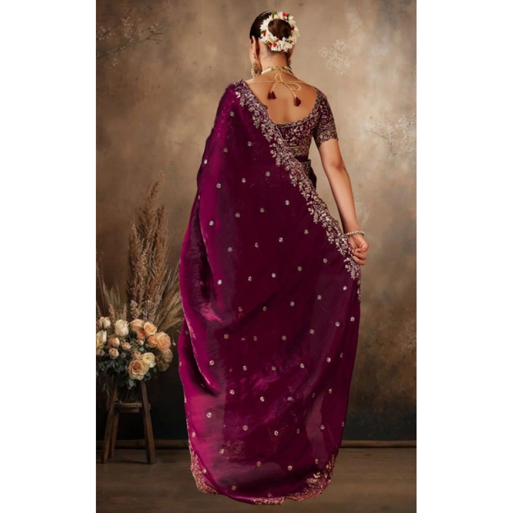 Generic Women's Silk Embroidered Saree With Unstitched Blouse 5.5Mtr (Wine) - Image 3