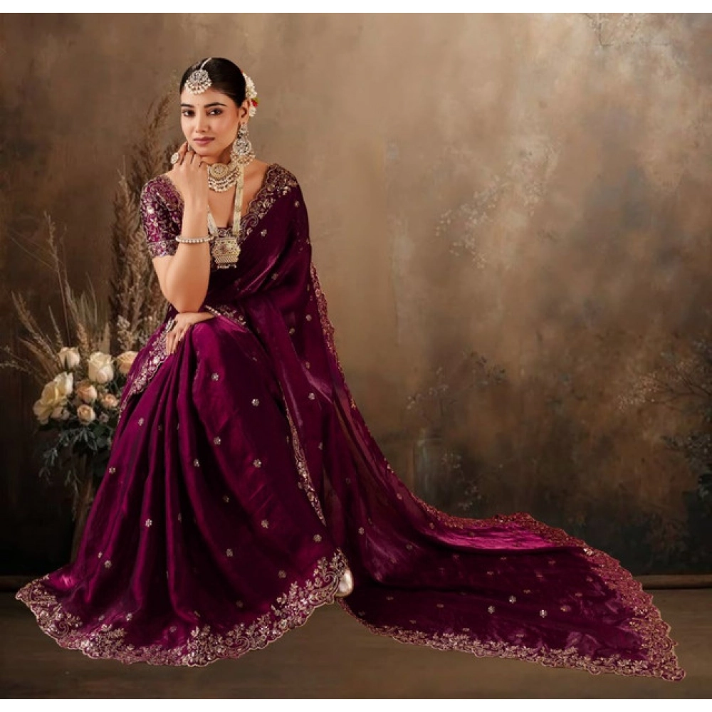 Generic Women's Silk Embroidered Saree With Unstitched Blouse 5.5Mtr (Wine) - Image 5