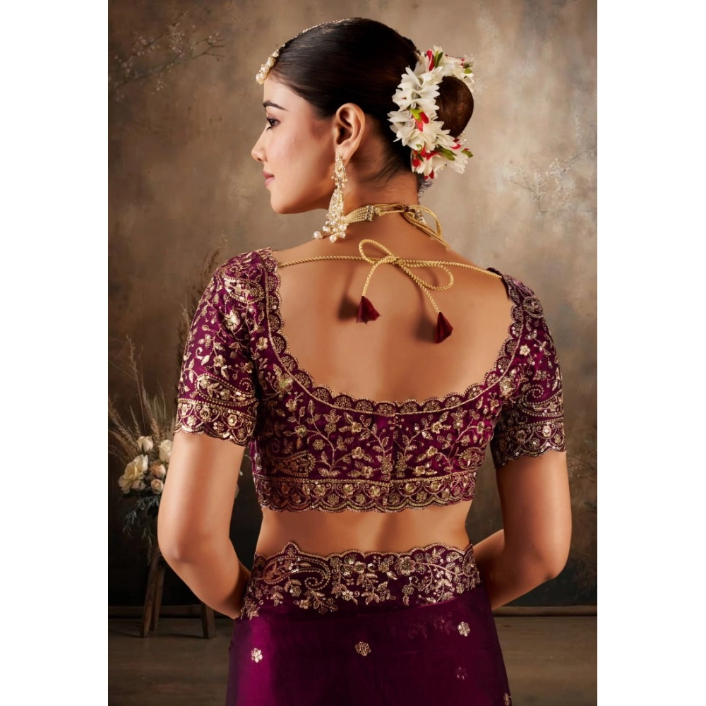 Generic Women's Silk Embroidered Saree With Unstitched Blouse 5.5Mtr (Wine) - Image 7