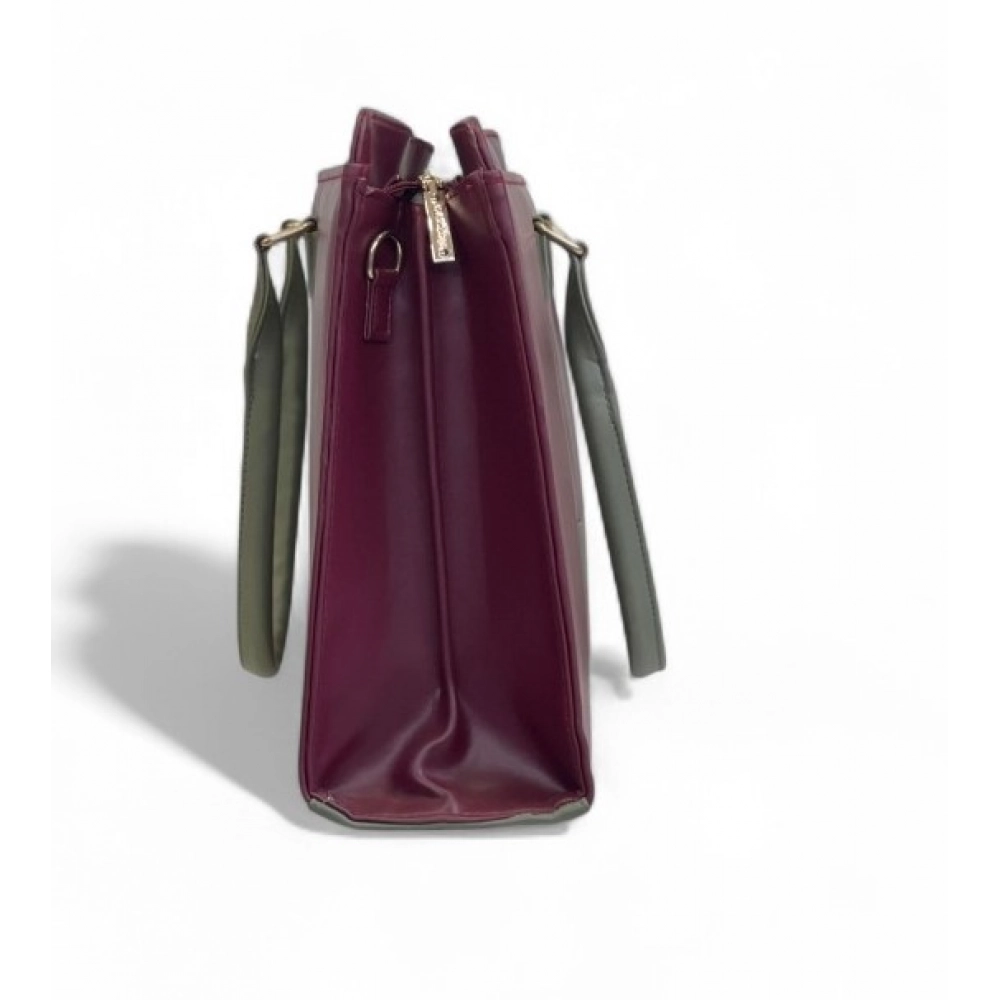 Generic Women's Polyurethane Solid Structured Shoulder Tote Handbag (Burgundy-Gray) - Image 4