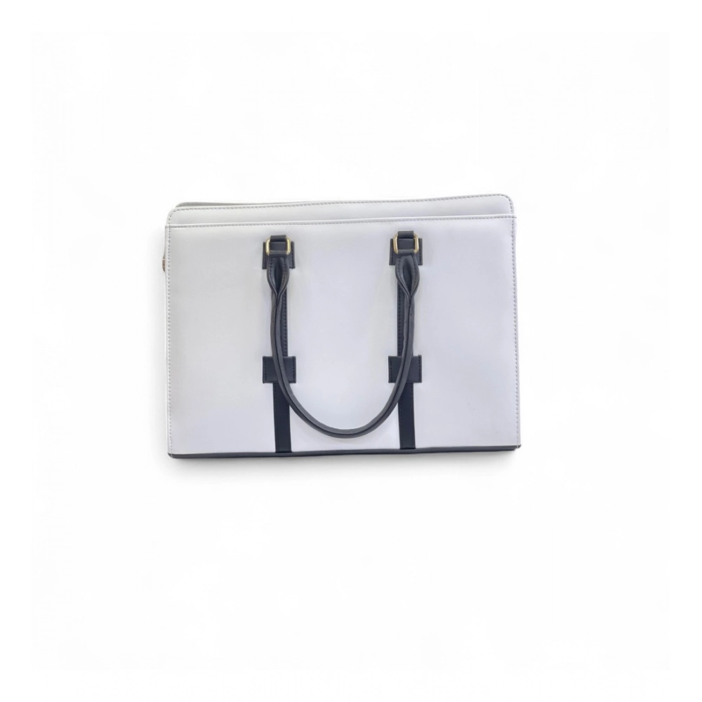 Generic Women's Polyurethane Solid Structured Shoulder Tote Handbag (Cream-Navy Blue) - Image 5