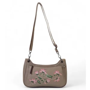 Generic Women's Polyurethane Floral Embroidered Crossbody Sling Bag with Adjustable & Removable Strap (Beige)