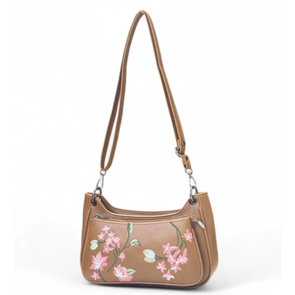 Generic Women's Polyurethane Floral Embroidered Crossbody Sling Bag with Adjustable & Removable Strap (Tan) - Image 2