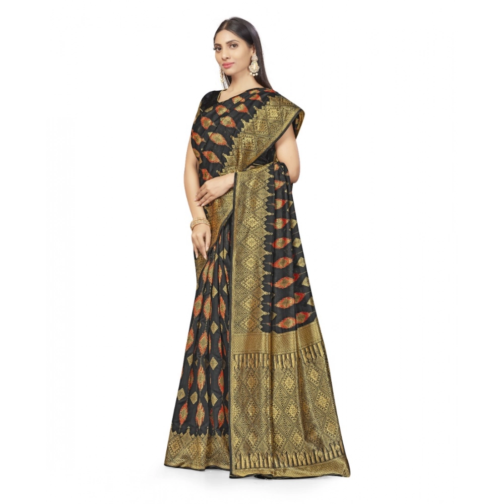 Generic Women's Banarasi Silk Saree With Blouse (Black, 5-6Mtrs) - Image 4
