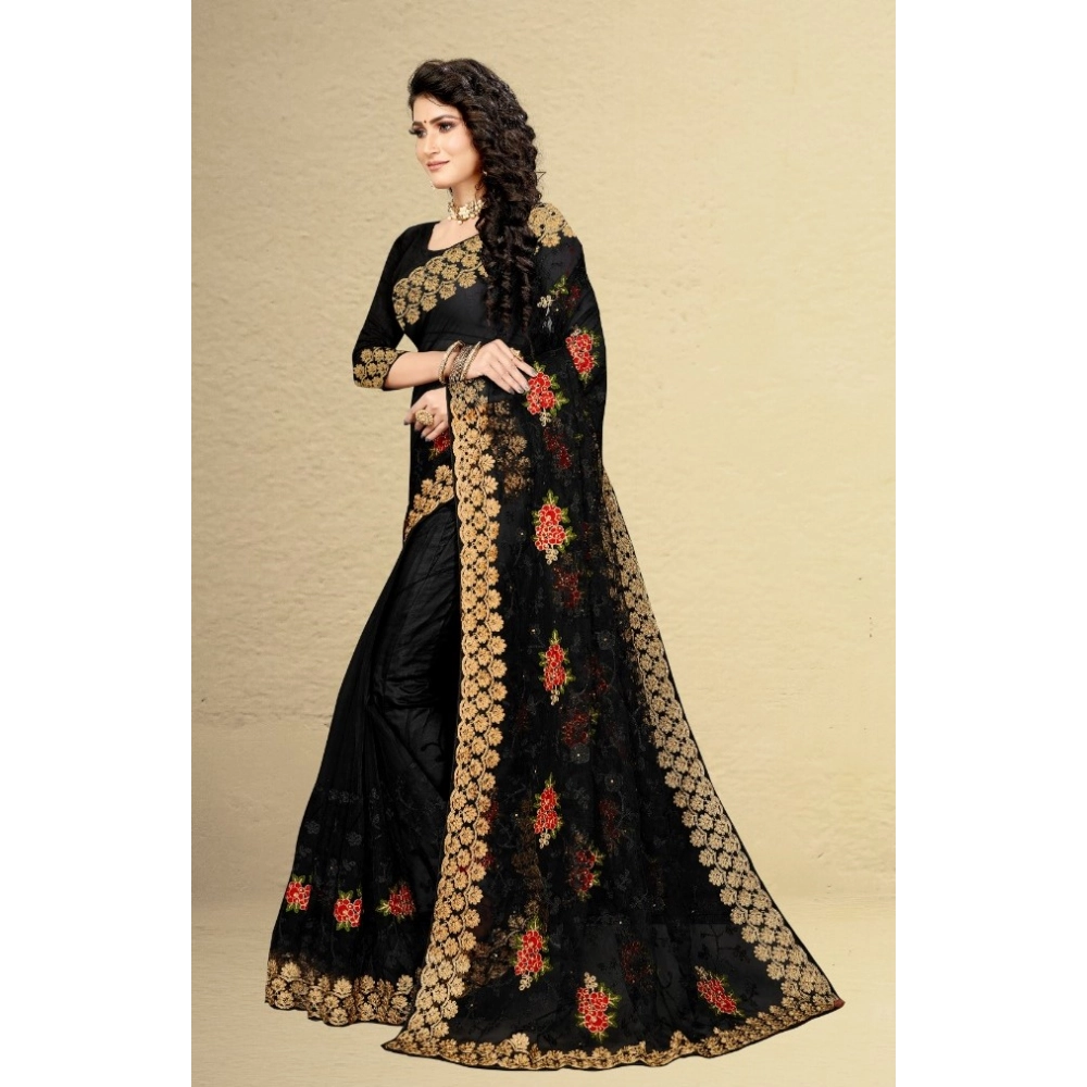 Generic Women's Net Saree With Blouse (Black, 5-6Mtrs) - Image 3