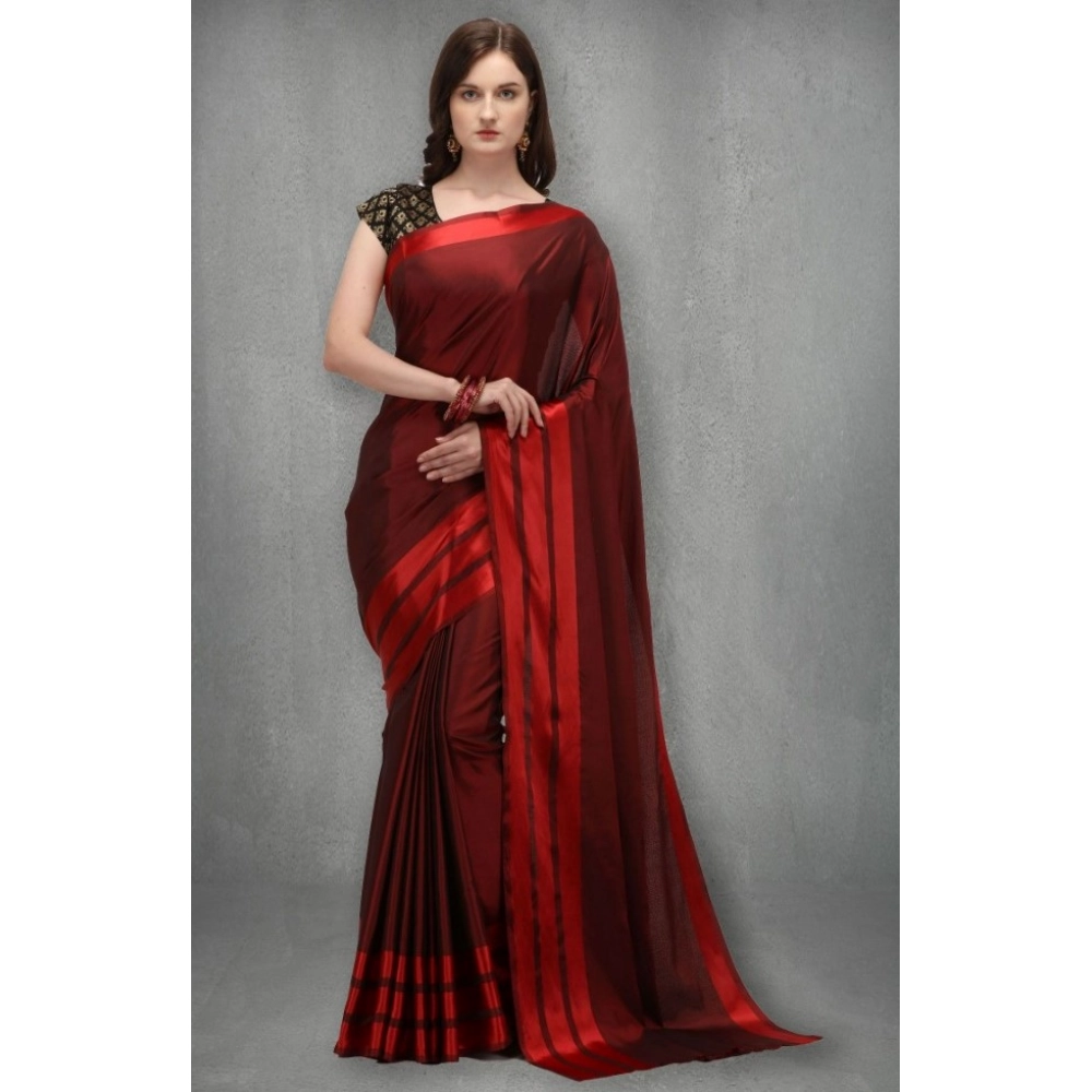Generic Women's Satin Silk Saree with Blouse (Red, 5-6 Mtrs) - Image 2