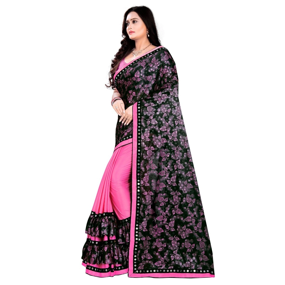 Generic Women's Lycra Blend Saree with Blouse (Pink, 5-6 Mtrs) - Image 2