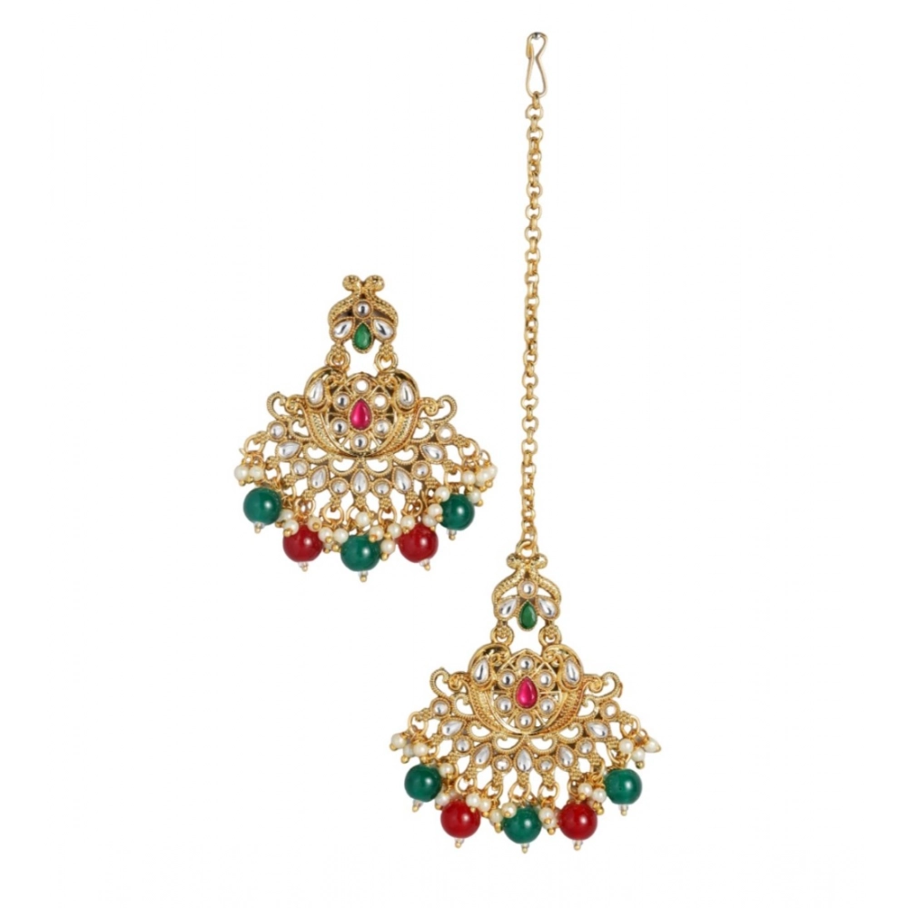 Generic Women's Rose Gold Plated Alloy Kundan Earrings & Mangtikka (Red & Green) - Image 3