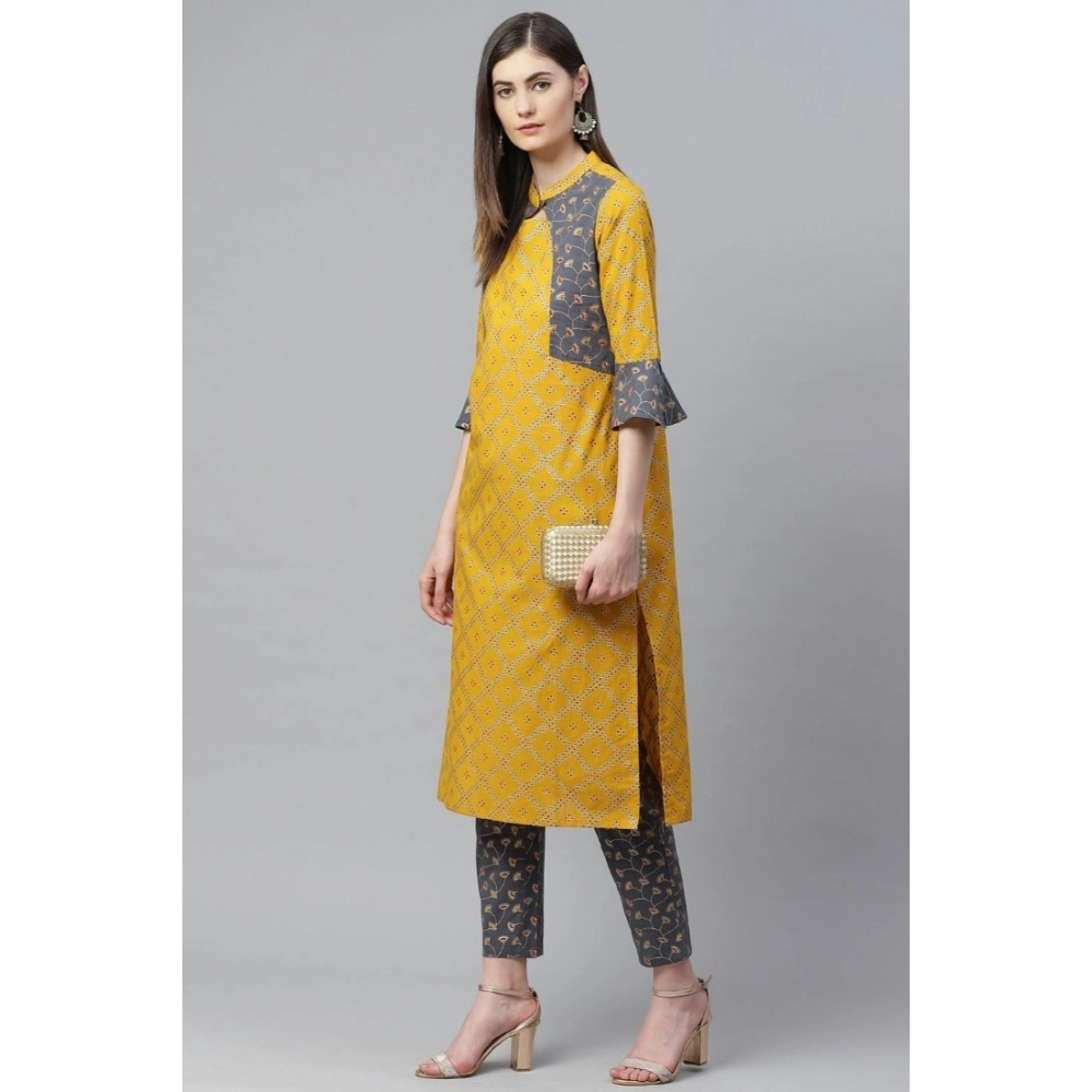 Generic Women's Casual Bell Sleeves Geomatrical Printed Cotton Kurti Set (Yellow) - Image 4
