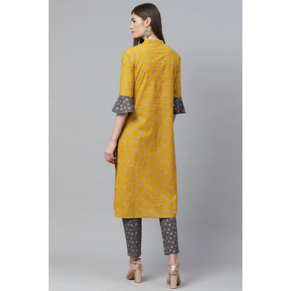 Generic Women's Casual Bell Sleeves Geomatrical Printed Cotton Kurti Set (Yellow) - Image 5