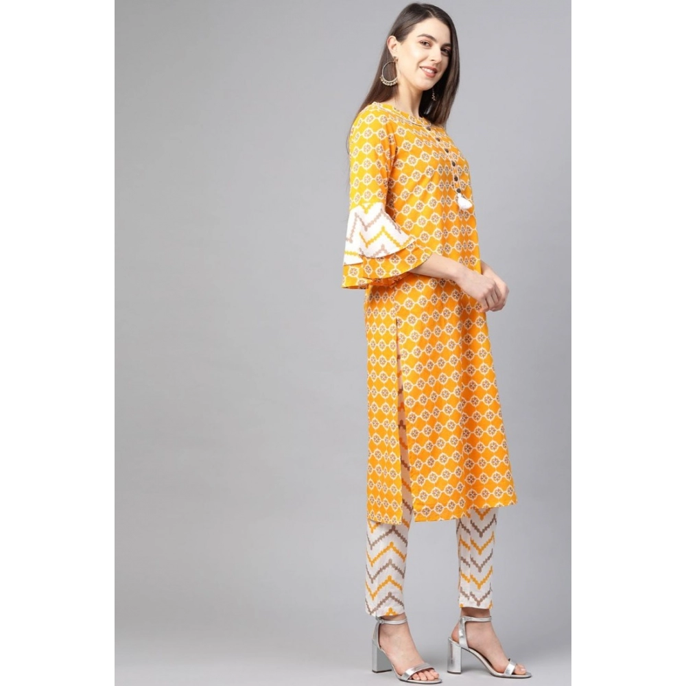 Generic Women's Casual 3/4 th Sleeve Floral Printed Cotton Kurti Set (Mustard) - Image 2