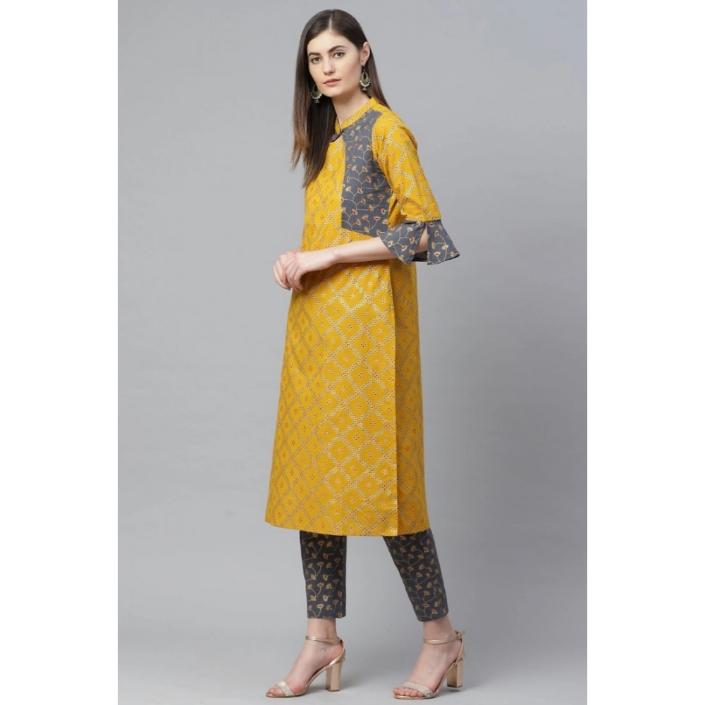 Generic Women's Casual Bell Sleeves Geomatrical Printed Cotton Kurti Set (Yellow) - Image 2