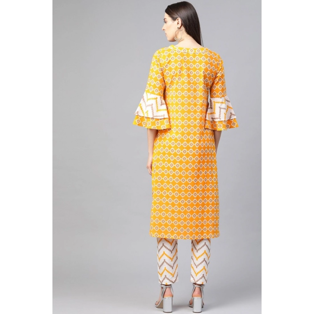 Generic Women's Casual 3/4 th Sleeve Floral Printed Cotton Kurti Set (Mustard) - Image 4