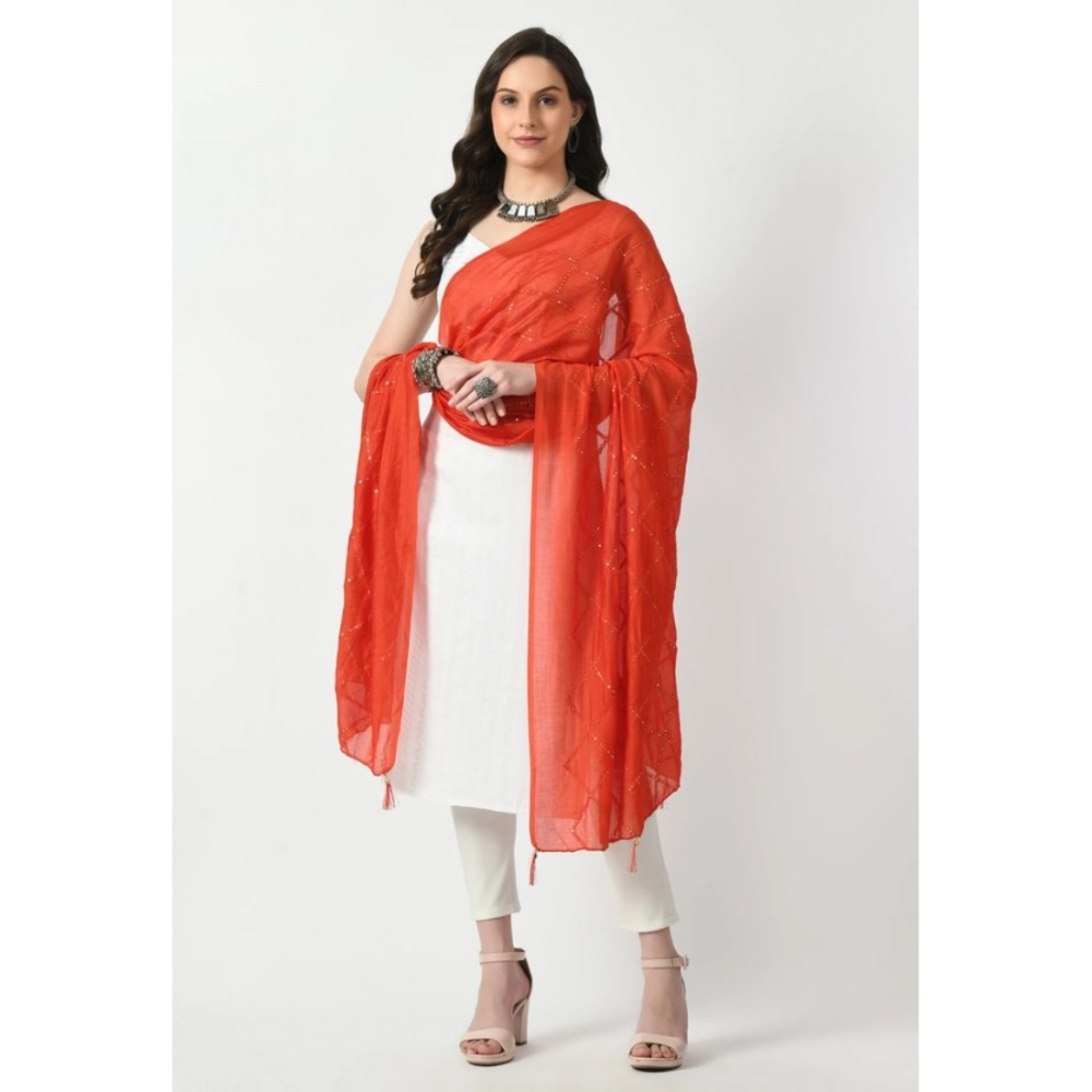 Generic Women's Chanderi Self Design Dupatta (Orange, Length: Free Size) - Image 4