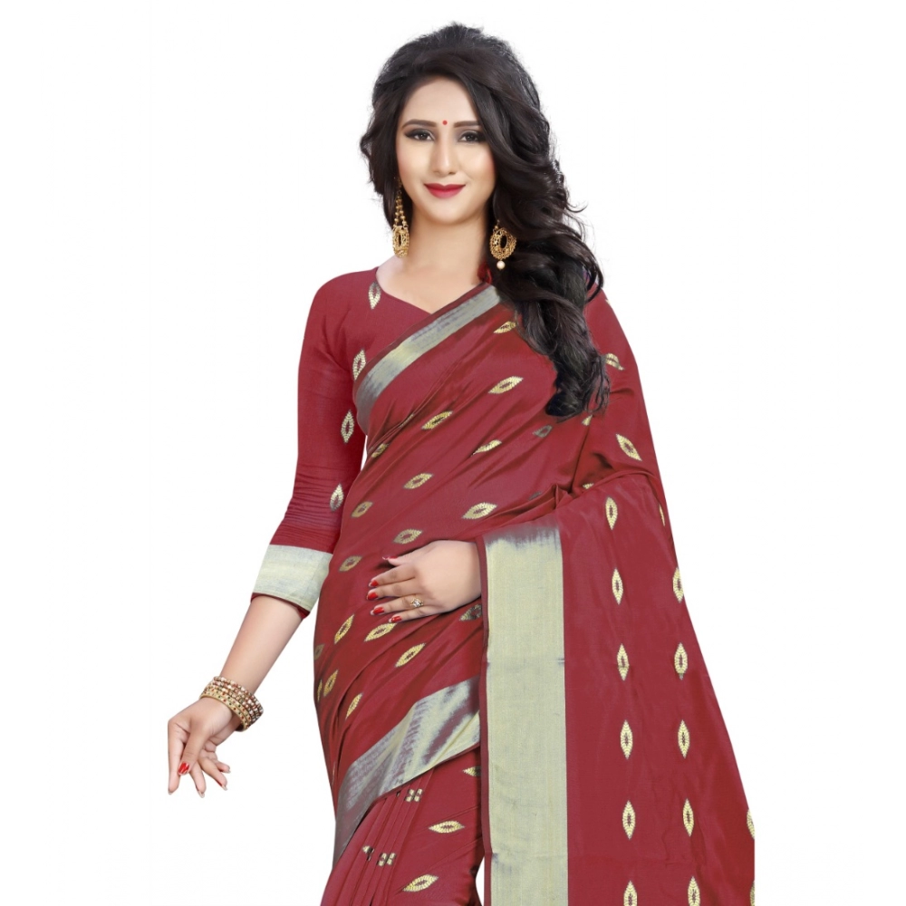 Generic Women's Silk Blend Woven Saree With Unstitched Blouse 5.5Mtr (Red) - Image 4