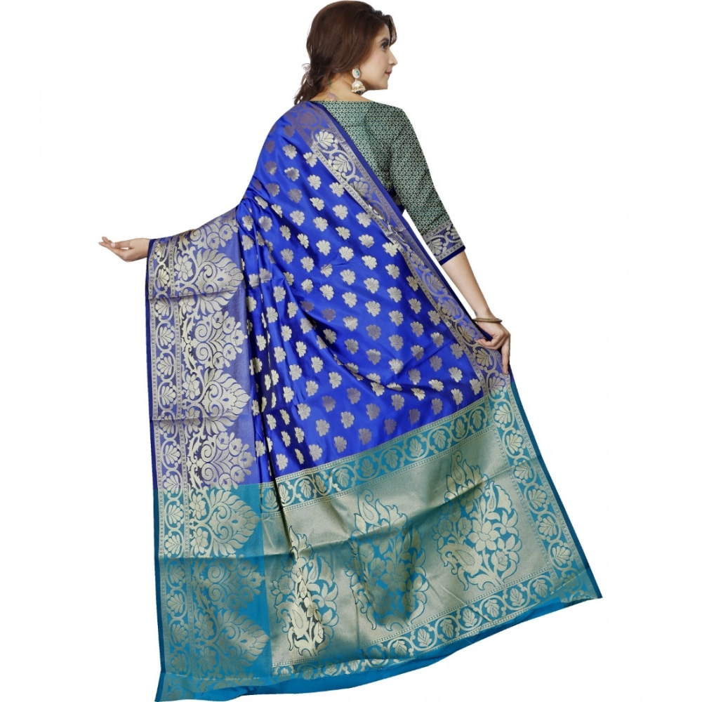 Generic Women's Jacquard Woven Saree With Unstitched Blouse 5.5Mtr (Dark Blue) - Image 2
