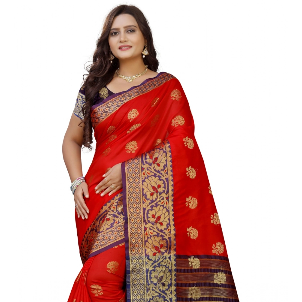 Generic Women's Silk Blend Woven Saree With Unstitched Blouse 5.5Mtr (Purple-Red) - Image 4